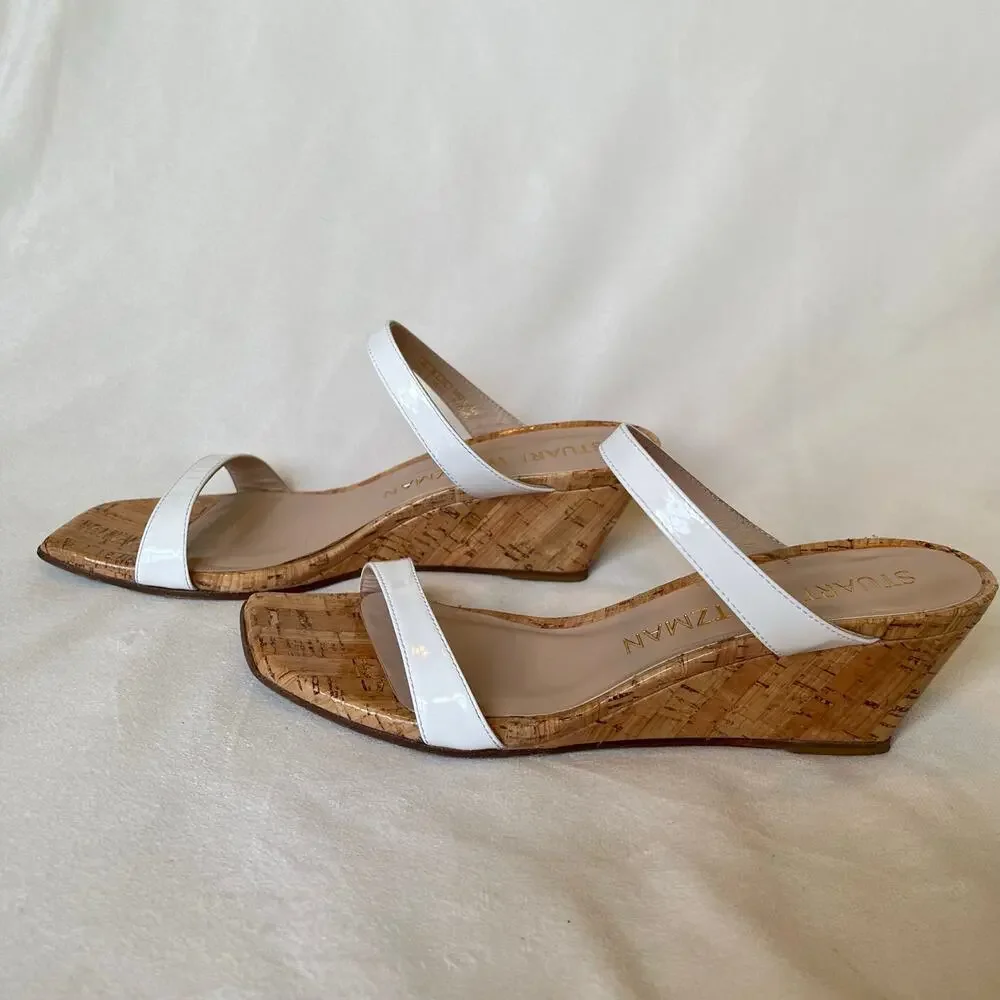 Stuart‎ Weitzman Aleena Wedge Heel Sandals 7.5 Narrow White Patent Leather Cork - Picture 5 of 13